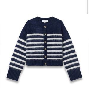 NWT La Ligne Teddy brushed cashmere cardigan sweater, striped navy & cream, M